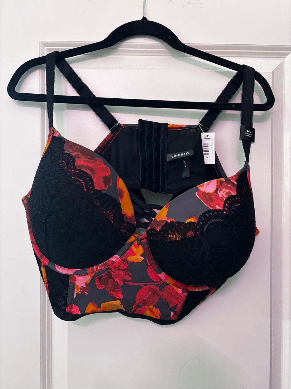 torrid Black Floral Lace Push-Up Bra with Red & Orange Accents
